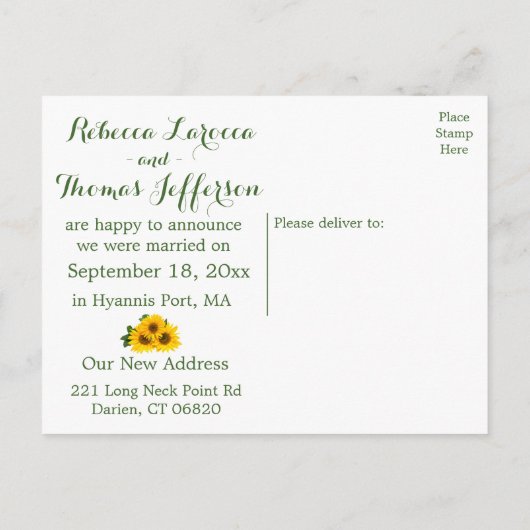 Carte Postale Faire-part Mariage floral jaune vert tournesol juste mariés (Dos)