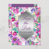 Carte Postale Faire-part Mariage Floral Moderne Rose Violet Enregistrez la (Devant / Derrière)