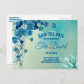 Carte Postale Faire-part Mariage Floral Romantique Bleu/Vert Enregistrer La (Devant / Derrière)