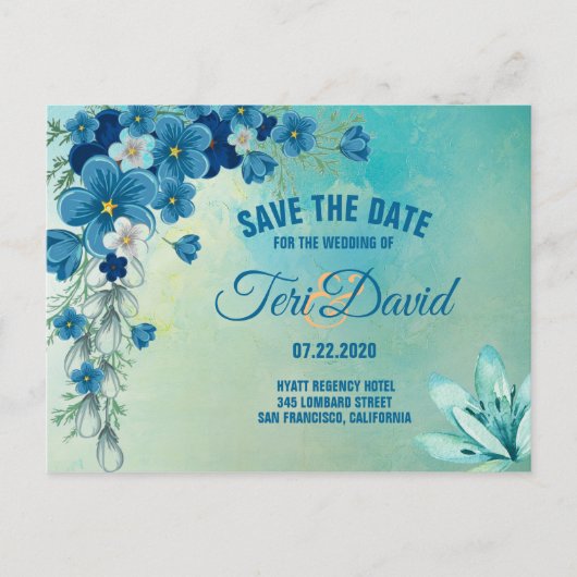 Carte Postale Faire-part Mariage Floral Romantique Bleu/Vert Enregistrer La (Devant)