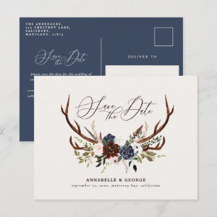 Carte Postale Faire-part Mariage floral rustique à cornes de cerf écriture
