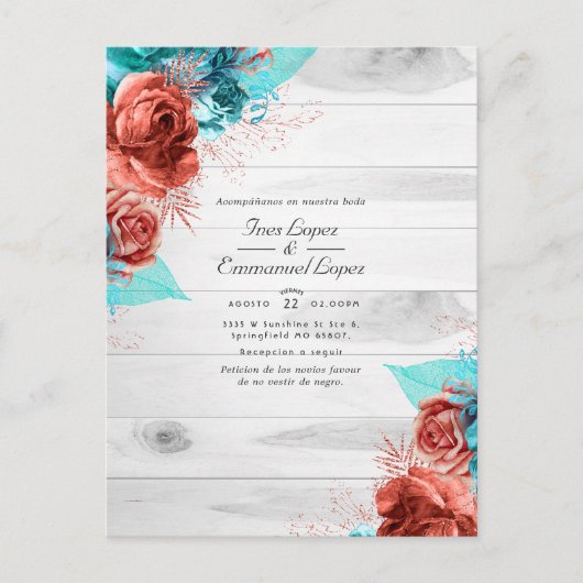Carte Postale Faire-part Mariage Floral Rustique Turquoise et Corail (Devant)