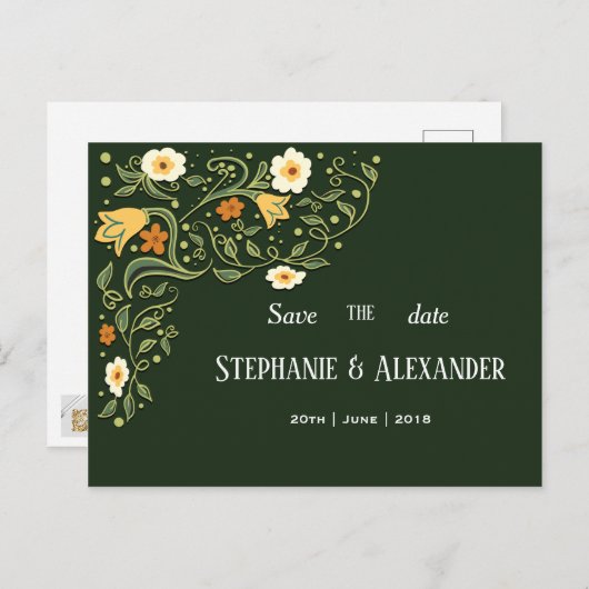 Carte Postale Faire-part Mariage floral vert Enregistrer la date (Devant / Derrière)