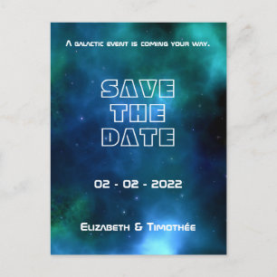 Carte Postale Faire-part Mariage Galaxy bleu et vert Enregistrer la date