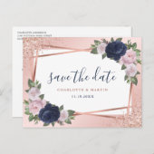 Carte Postale Faire-part Mariage géométrique floral bleu marine rose doré (Devant / Derrière)