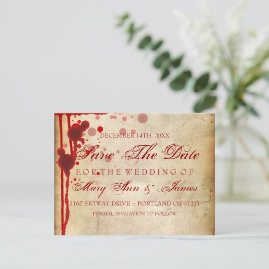 Carte Postale Faire-part Mariage Halloween Vampire Sauver La Date Faux Sang (Debout devant)