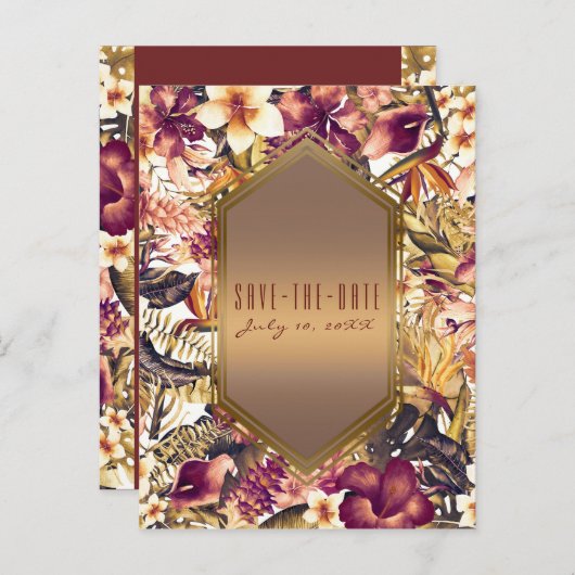 Carte Postale Faire-part Mariage Hawaiian Golden Tropics Enregistrer la dat (Devant / Derrière)