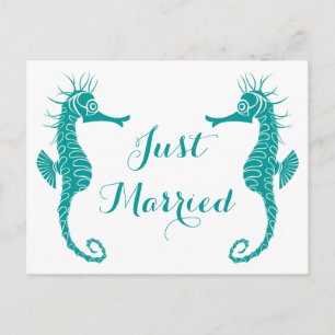 Carte Postale Faire-part Mariage hippocampe turquoise bleu sarcelle juste m