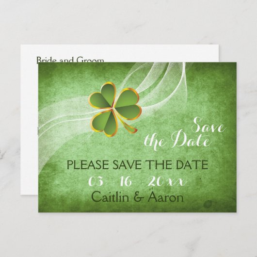 Carte Postale Faire-part Mariage irlandais trèfle et voile vert Enregistrer (Devant / Derrière)
