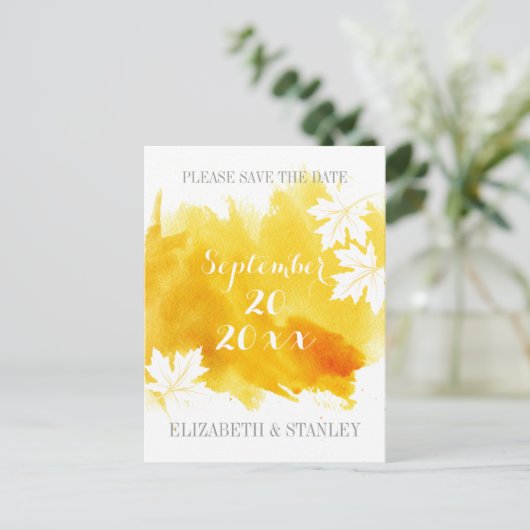 Carte Postale Faire-part Mariage jaune aquarelle moderne Enregistrer la dat (Debout devant)