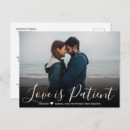 Carte Postale Faire-part Mariage L'amour est Patient Reporté Simple Photo (Devant / Derrière)
