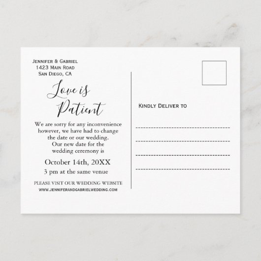 Carte Postale Faire-part Mariage L'amour est Patient Reporté Simple Photo (Dos)