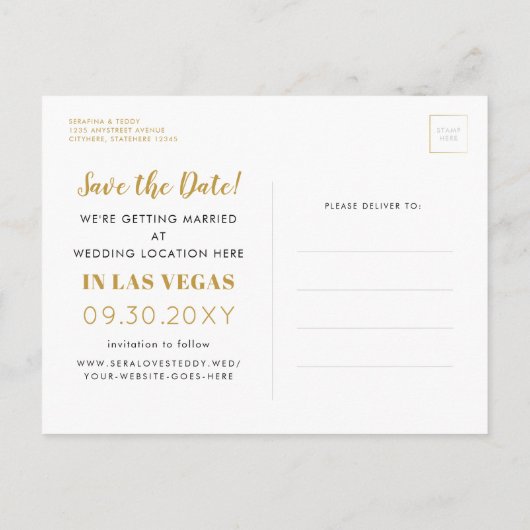 Carte Postale Faire-part Mariage Las Vegas Black Gold Photo Enregistrer la (Dos)