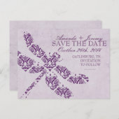 Carte Postale Faire-part Mariage Libellule en Damassé Violet (Devant / Derrière)