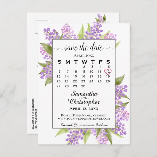 Carte Postale Faire-part Mariage Lilacs rustique Enregistrer la date Calend (Devant / Derrière)