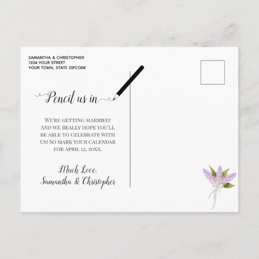Carte Postale Faire-part Mariage Lilacs rustique Enregistrer la date Calend (Dos)