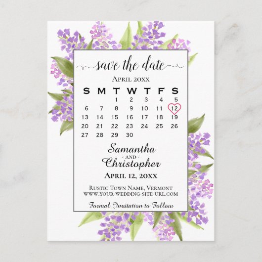 Carte Postale Faire-part Mariage Lilacs rustique Enregistrer la date Calend (Devant)