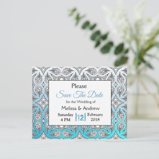 Carte Postale Faire-part Mariage Mandala Noir et Bleu Enregistrer la Date (Debout devant)