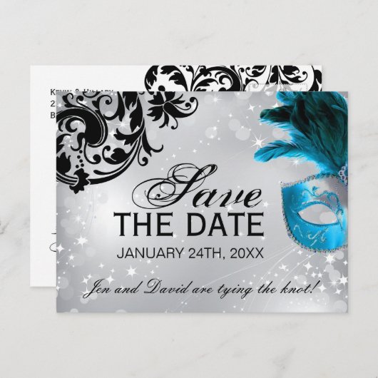 Carte Postale Faire-part Mariage Masqué Save the Date (Devant / Derrière)