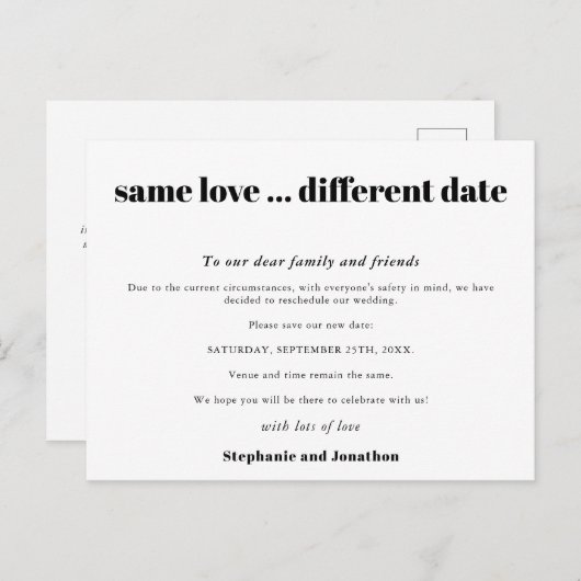 Carte Postale Faire-part Mariage Même Amour Différente Date Simple Texte No (Devant / Derrière)