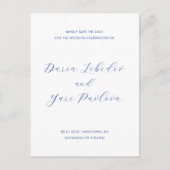 Carte Postale Faire-part Mariage minimaliste Cobalt Bleu Enregistrer la dat (Devant)