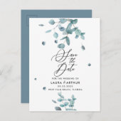 Carte Postale Faire-part Mariage moderne des Eucalyptus Bleus Sauvez la dat (Devant / Derrière)
