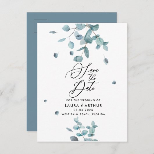 Carte Postale Faire-part Mariage moderne des Eucalyptus Bleus Sauvez la dat (Devant / Derrière)
