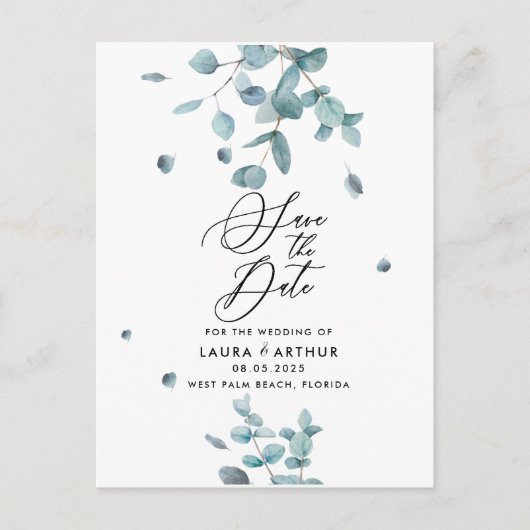 Carte Postale Faire-part Mariage moderne des Eucalyptus Bleus Sauvez la dat (Devant)