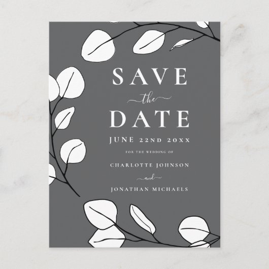 Carte Postale Faire-part Mariage moderne élégant simple feuille gris (Devant)