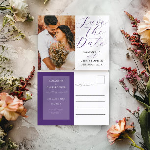 Carte Postale Faire-part Mariage Moderne Photo Violet Enregistrer la Date