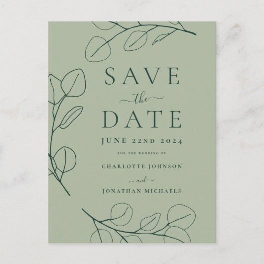 Carte Postale Faire-part Mariage Moderne Simple avec Feuillage Vert (Devant)