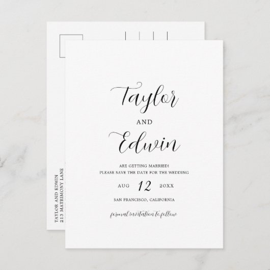 Carte Postale Faire-part Mariage Moderne Simple Contemporain Enregistrer La (Devant / Derrière)