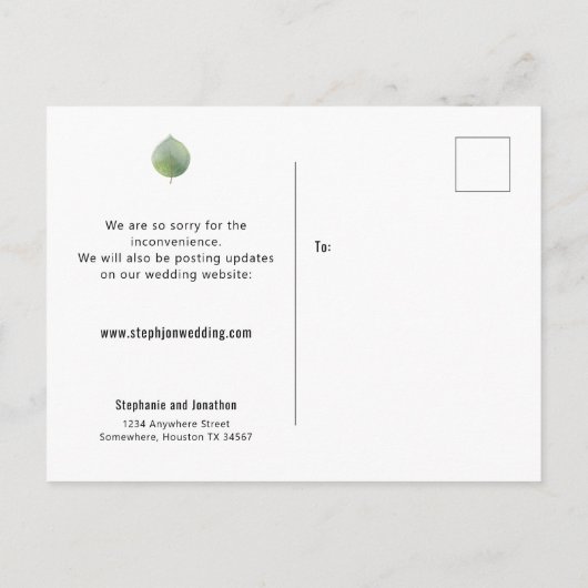 Carte Postale Faire-part Mariage Modification de date Script Eucalyptus (Dos)