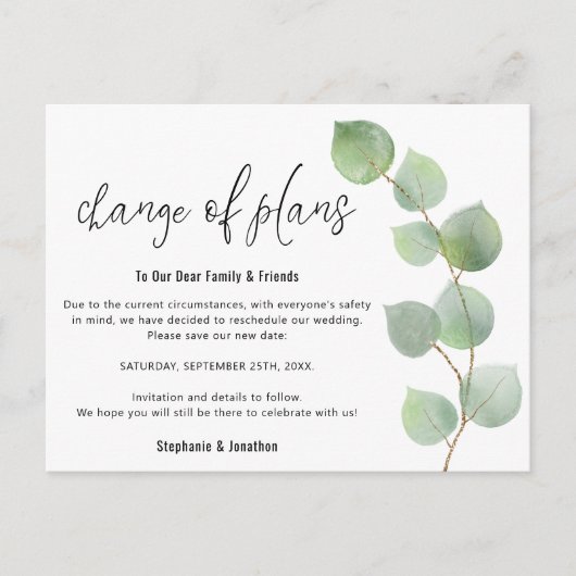 Carte Postale Faire-part Mariage Modification de date Script Eucalyptus (Devant)