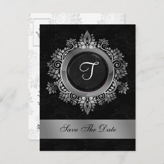 Carte Postale Faire-part mariage monogramme argent fleuri enregistrer la da (Devant / Derrière)