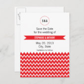 Carte Postale Faire-part Mariage Motif Monogram Red et White Chevron (Devant / Derrière)