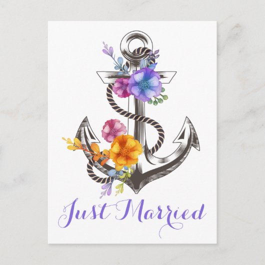 Carte Postale Faire-part Mariage nautique Ancre Violet Mariés Plage (Devant)