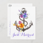 Carte Postale Faire-part Mariage nautique Ancre Violette Mariés sur la Plag (Devant / Derrière)