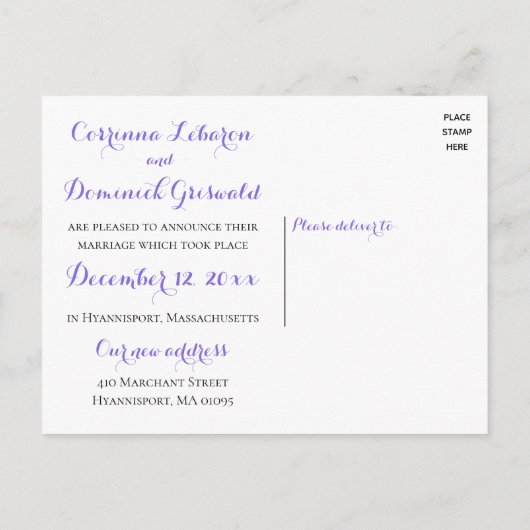 Carte Postale Faire-part Mariage nautique Ancre Violette Mariés sur la Plag (Dos)