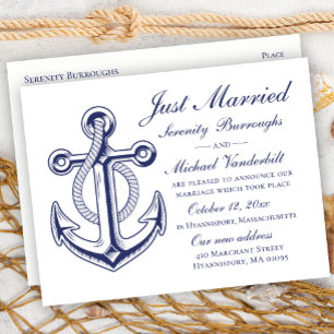 Carte Postale Faire-part Mariage Nautique  Marine Ancre bleue