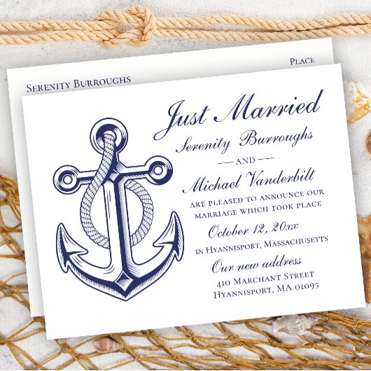 Carte Postale Faire-part Mariage Nautique  Marine Ancre bleue