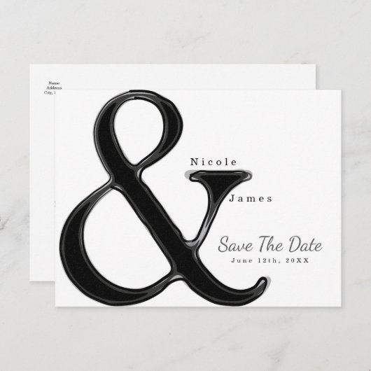 Carte Postale Faire-part Mariage Noir & Blanc Ampersand Économisez la Date (Devant / Derrière)