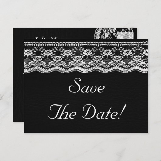 Carte Postale Faire-part Mariage Noir & Blanc Cuir & Dentelle Enregistrer L (Devant / Derrière)