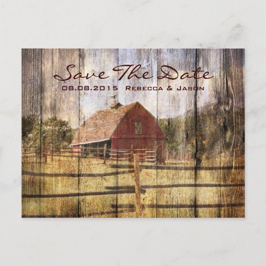 Carte Postale Faire-part mariage occidental automne rustique grange rouge (Devant)