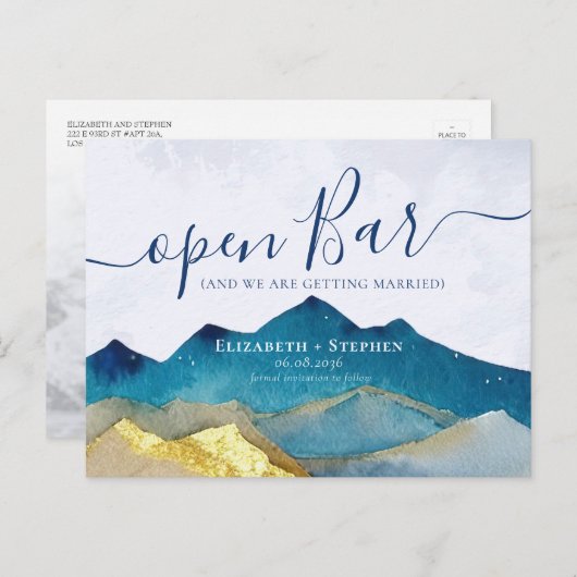 Carte Postale Faire-part Mariage Open Bar Gold Mountain Photo Enregistrer l (Devant / Derrière)