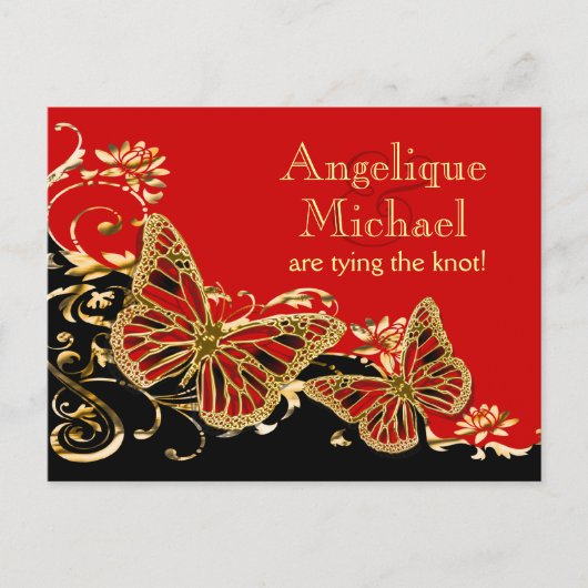 Carte Postale Faire-part Mariage or et noir rouge "save the date" (Devant)