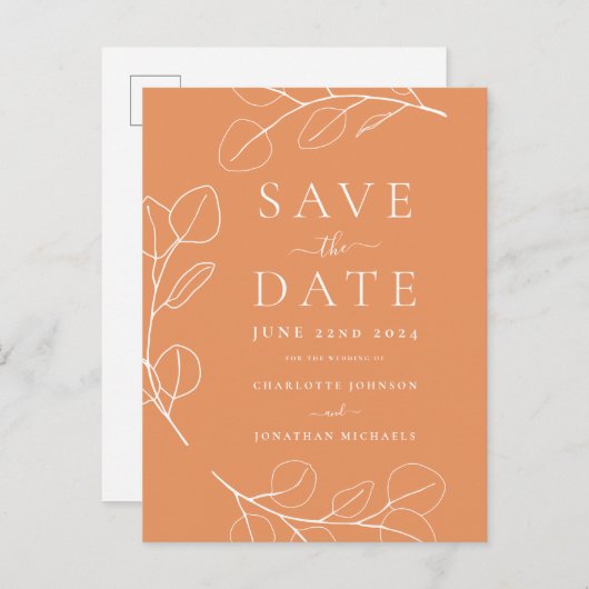 Carte Postale Faire-part Mariage Orange Feuilles Simples Élégantes (Devant / Derrière)