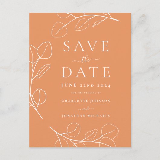 Carte Postale Faire-part Mariage Orange Feuilles Simples Élégantes (Devant)