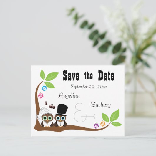 Carte Postale Faire-part Mariage Owl Bride Et Groom Enregistrer La Date (Debout devant)