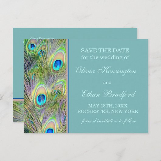 Carte Postale Faire-part Mariage paon Enregistrer la date (Devant / Derrière)